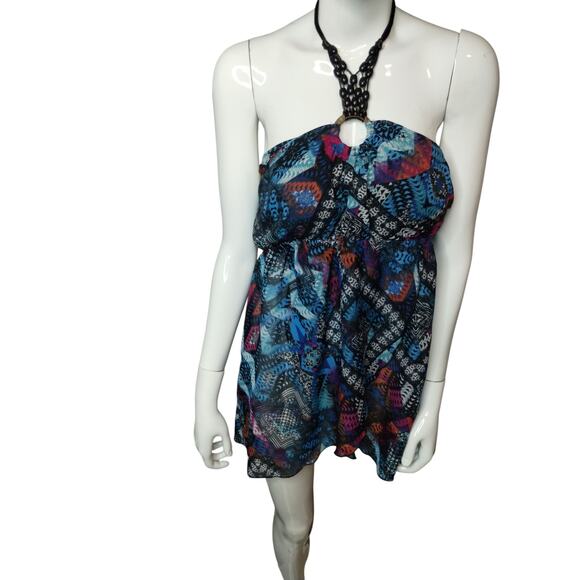 Women's Large Y2K Top-No Boundaries Colorful Halter Blouse-Beaded Satin Rope Tie - Picture 3 of 10